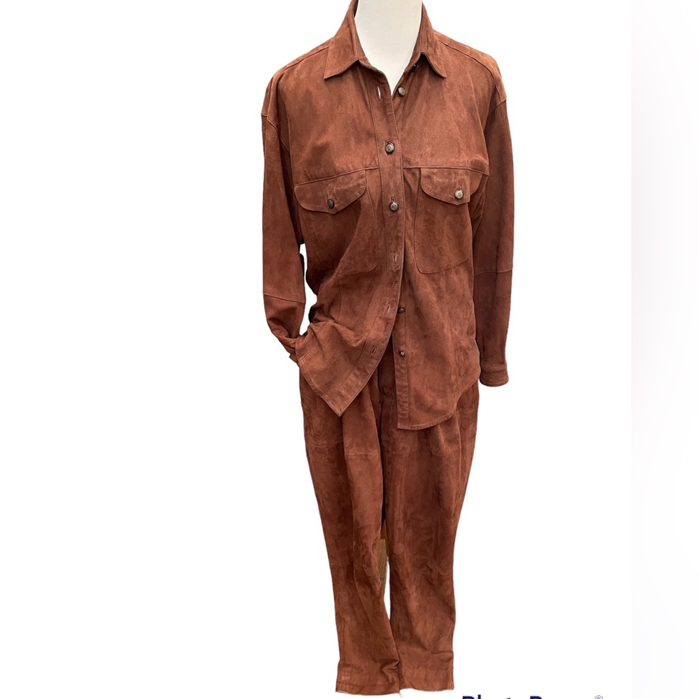 Ruff Hewn Sheep Skin Soft Suede Button Down Shirt & Pants Set Women’s Sz 8 VNTG